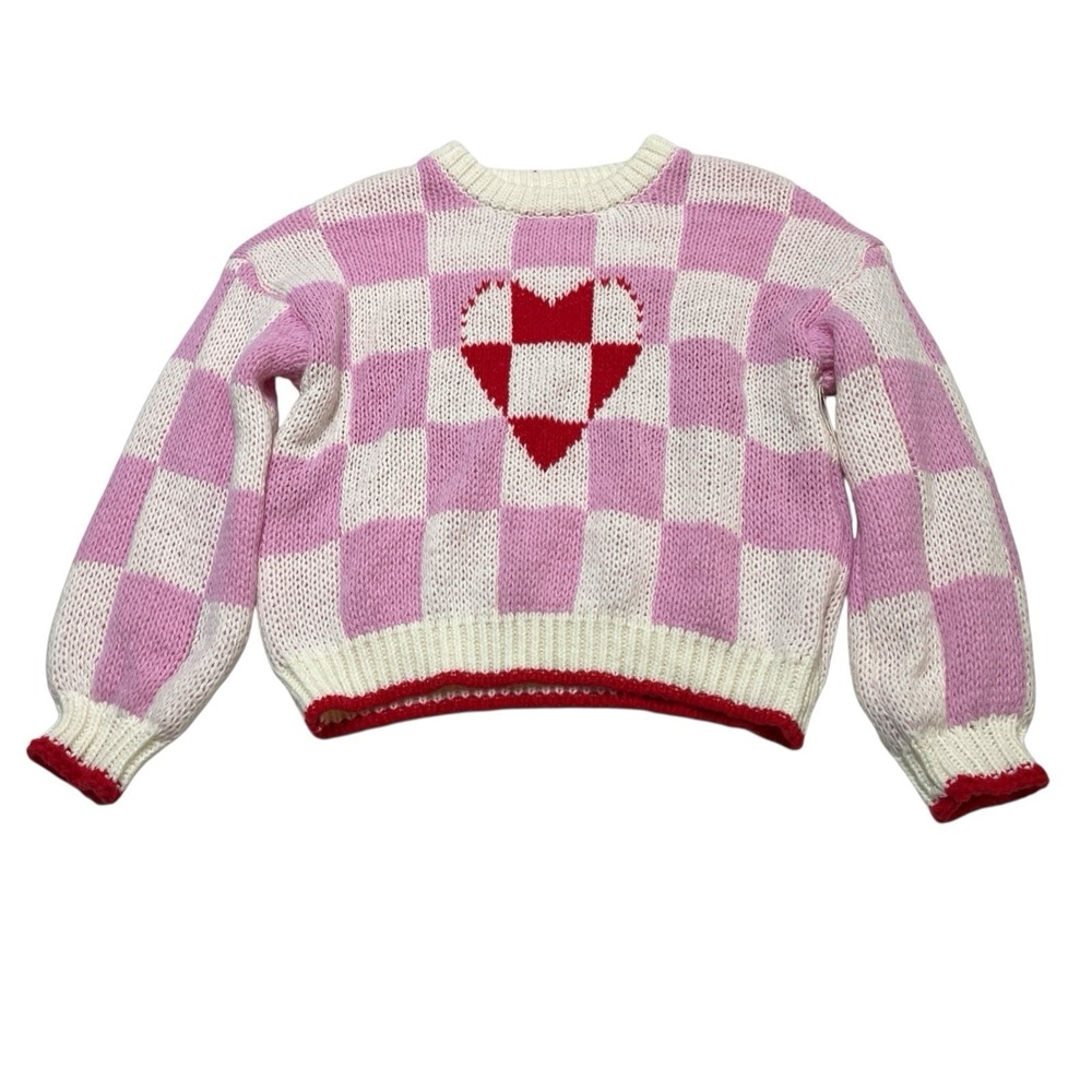 Luna Ivy‎ Sweater Womens L Pink White Checkerboard Heart Thick Knit Pullover - Picture 3 of 9